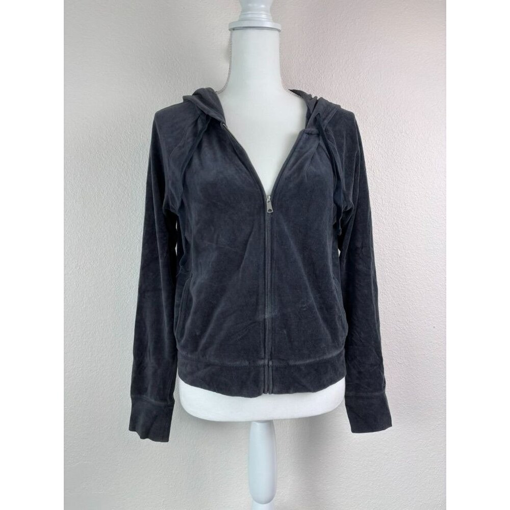 Aerie women's medium grey full zip long sleeve velour hooded track jacket‎ Y2K